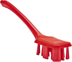 Vikan - 2-3/4" Bristle Length, Polyester Scrub Brush - 12" Long x 2-7/8" Wide Head, 15-1/2" OAL, Long Handle, Red, Polypropylene Block - Exact Tooling
