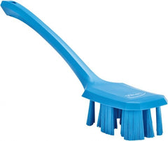 Vikan - 2-3/4" Bristle Length, Polyester Scrub Brush - 12" Long x 2-7/8" Wide Head, 15-1/2" OAL, Long Handle, Blue, Polypropylene Block - Exact Tooling