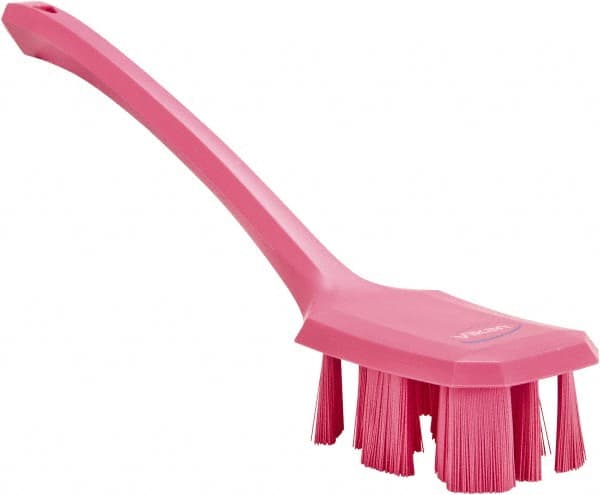 Vikan - 2-3/4" Bristle Length, Polyester Scrub Brush - 12" Long x 2-7/8" Wide Head, 15-1/2" OAL, Long Handle, Pink, Polypropylene Block - Exact Tooling