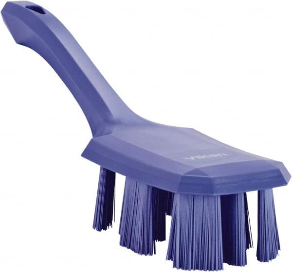 Vikan - 2-3/4" Bristle Length, Polyester Scrub Brush - 8" Long x 2-7/8" Wide Head, 10" OAL, Short Handle, Purple, Polypropylene Block - Exact Tooling