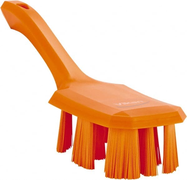 Vikan - 2-3/4" Bristle Length, Polyester Scrub Brush - 8" Long x 2-7/8" Wide Head, 10" OAL, Short Handle, Orange, Polypropylene Block - Exact Tooling