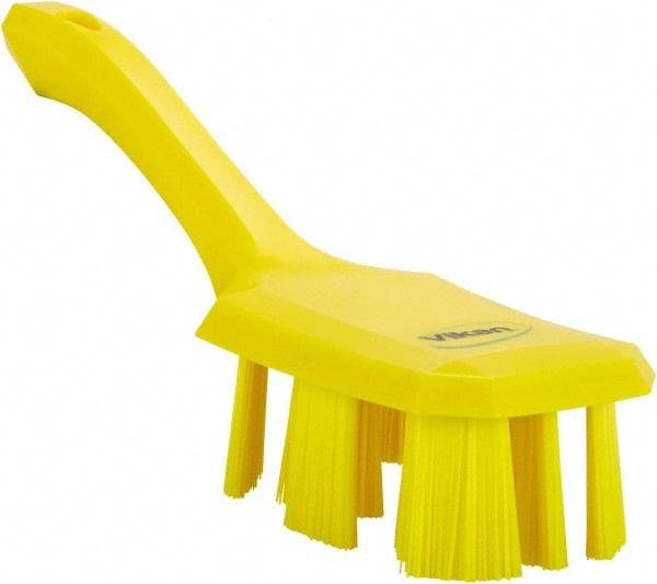 Vikan - 2-3/4" Bristle Length, Polyester Scrub Brush - 8" Long x 2-7/8" Wide Head, 10" OAL, Short Handle, Yellow, Polypropylene Block - Exact Tooling