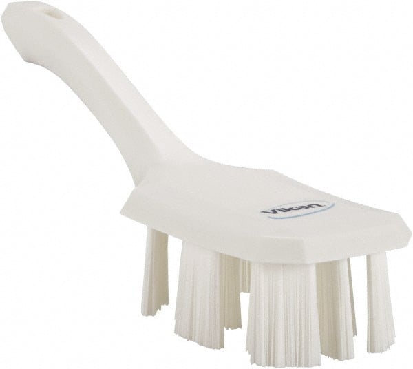 Vikan - 2-3/4" Bristle Length, Polyester Scrub Brush - 8" Long x 2-7/8" Wide Head, 10" OAL, Short Handle, White, Polypropylene Block - Exact Tooling