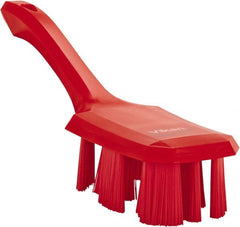 Vikan - 2-3/4" Bristle Length, Polyester Scrub Brush - 8" Long x 2-7/8" Wide Head, 10" OAL, Short Handle, Red, Polypropylene Block - Exact Tooling