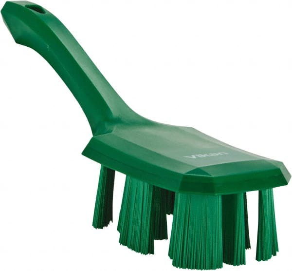 Vikan - 2-3/4" Bristle Length, Polyester Scrub Brush - 8" Long x 2-7/8" Wide Head, 10" OAL, Short Handle, Green, Polypropylene Block - Exact Tooling