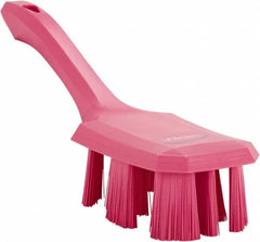 Vikan - 2-3/4" Bristle Length, Polyester Scrub Brush - 8" Long x 2-7/8" Wide Head, 10" OAL, Short Handle, Pink, Polypropylene Block - Exact Tooling