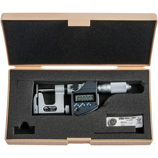 Mitutoyo - 0 to 1" Range, 0.00005" Resolution, Interchangeable Anvil Type Throat IP65 Electronic Outside Micrometer - 0.0002" Accuracy, Friction Thimble, Carbide-Tipped Face, SR44 Battery - Exact Tooling
