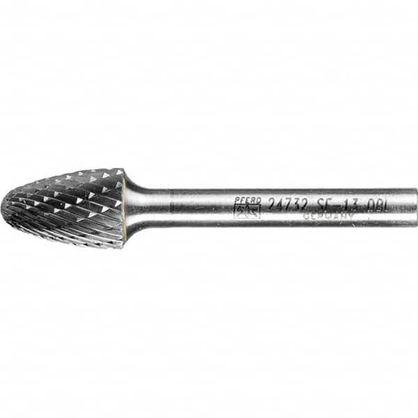 PFERD - 1/2" Cut Diam, 1/4" Shank Diam, Tree with Radius Head Double Cut Burr - Tungsten Carbide, 3/4" LOC, 2-1/2" OAL - Exact Tooling