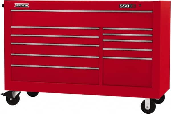 Proto - 35,917 Lb Capacity, 11 Drawer Mobile Workstation - 66" Wide x 27" Deep x 46" High, Steel, Red - Exact Tooling