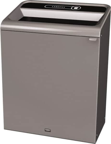 Rubbermaid - 45 Gal Gray Rectangle Decorative Indoor Single Stream Waste Receptacle - Metal, Landfill Graphic, 37.965" High x 29.132" Long x 19-1/2" Wide, Lid Included - Exact Tooling