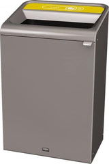Rubbermaid - 33 Gal Gray Rectangle Decorative Indoor Single Stream Waste Receptacle - Metal, Cans Graphic, 37.965" High x 24.051" Long x 19-1/2" Wide, Lid Included - Exact Tooling