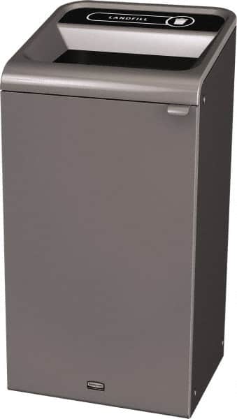 Rubbermaid - 23 Gal Gray Rectangle Decorative Indoor Single Stream Waste Receptacle - Metal, Landfill Graphic, 37.965" High x 19.588" Long x 19-1/2" Wide, Lid Included - Exact Tooling