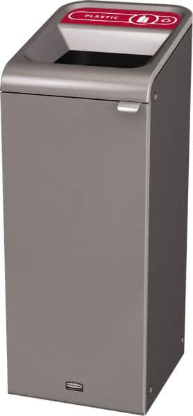 Rubbermaid - 15 Gal Gray Rectangle Decorative Indoor Single Stream Waste Receptacle - Metal, Plastic Graphic, 37.965" High x 14.784" Long x 19-1/2" Wide, Lid Included - Exact Tooling