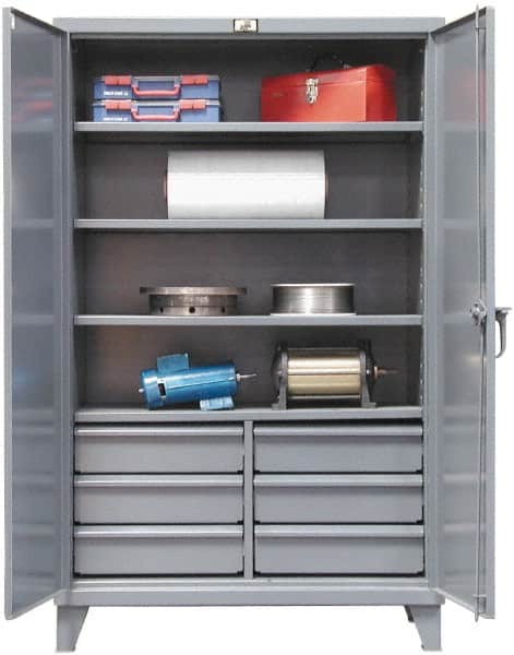 Strong Hold - 4 Shelf 6 Bin Locking Storage Cabinet - Steel, 60" Wide x 24" Deep x 78" High, Dark Gray - Exact Tooling