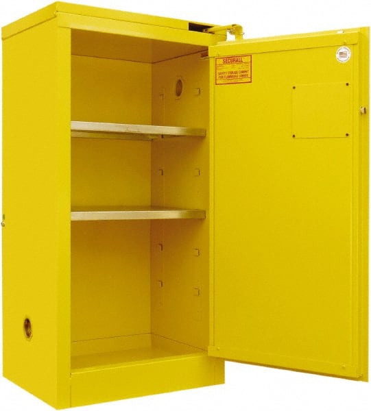 Securall Cabinets - 2 Door, 2 Shelf, Yellow Steel Standard Safety Cabinet for Flammable and Combustible Liquids - 46" High x 24" Wide x 18" Deep, Self Closing Door, 3 Point Key Lock, 20 Gal Capacity - Exact Tooling