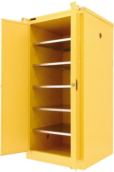 Securall Cabinets - 2 Door, 5 Shelf, Yellow Steel Standard Safety Cabinet for Flammable and Combustible Liquids - 67" High x 31" Wide x 31" Deep, Self Closing Door, 3 Point Key Lock, 120 Gal Capacity - Exact Tooling