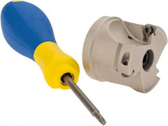 Iscar - 5 Inserts, 1-1/2" Cut Diam, 1/2" Arbor Diam, 0.315" Max Depth of Cut, Indexable Square-Shoulder Face Mill - 0/90° Lead Angle, 1.37" High, HM390 TPKT 1003 Insert Compatibility, Through Coolant, Series HeliIQMill - Exact Tooling