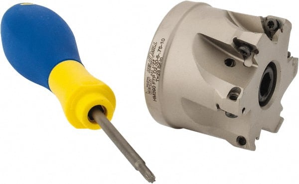 Iscar - 6 Inserts, 2" Cut Diam, 3/4" Arbor Diam, 0.315" Max Depth of Cut, Indexable Square-Shoulder Face Mill - 0/90° Lead Angle, 1.57" High, HM390 TPKT 1003 Insert Compatibility, Through Coolant, Series HeliIQMill - Exact Tooling