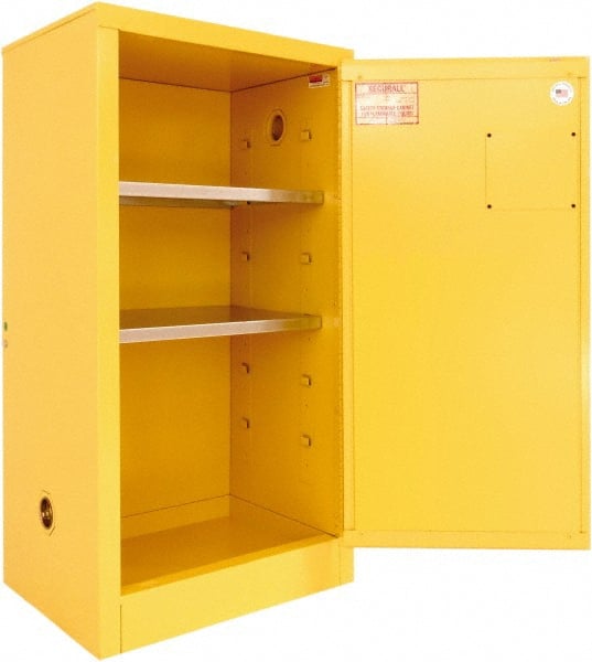 Securall Cabinets - 1 Door, 2 Shelf, Yellow Steel Standard Safety Cabinet for Flammable and Combustible Liquids - 44" High x 24" Wide x 18" Deep, Manual Closing Door, 3 Point Key Lock, 20 Gal Capacity - Exact Tooling