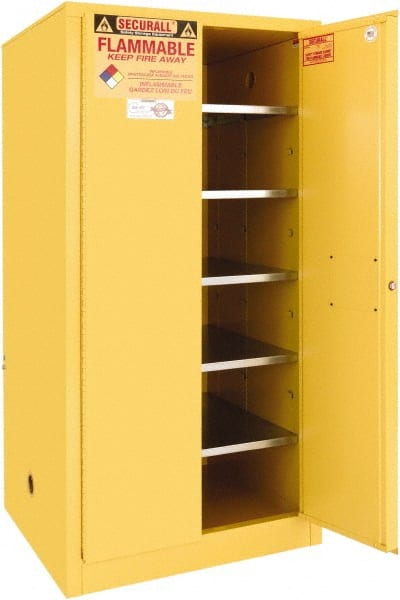 Securall Cabinets - 2 Door, 5 Shelf, Yellow Steel Standard Safety Cabinet for Flammable and Combustible Liquids - 65" High x 31" Wide x 31" Deep, Manual Closing Door, 3 Point Key Lock, 120 Gal Capacity - Exact Tooling