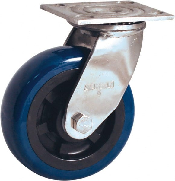 Albion - 5" Diam x 2" Wide x 6-1/2" OAH Top Plate Mount Swivel Caster - Polyurethane Mold on Polypropylene, 600 Lb Capacity, Delrin Bearing, 4 x 4-1/2" Plate - Exact Tooling