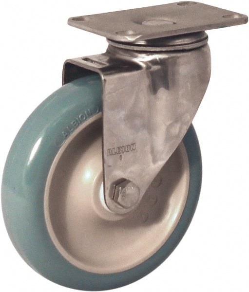 Albion - 4" Diam x 1-1/4" Wide x 5-1/8" OAH Top Plate Mount Swivel Caster - Antimicrobial Polyurethane over Polypropylene, 350 Lb Capacity, Delrin Bearing, 2-1/2 x 3-5/8" Plate - Exact Tooling