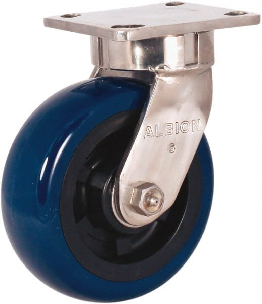 Albion - 4" Diam x 2" Wide x 5-5/8" OAH Top Plate Mount Swivel Caster - Polyurethane Mold on Polypropylene, 600 Lb Capacity, Delrin Bearing, 4 x 4-1/2" Plate - Exact Tooling