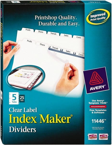 AVERY - 11 x 8-1/2" 5 Tabs, Three Hole Clear Plastic Reinforced Binder Holes, Tab Divider - Clear Tabs, White Folder - Exact Tooling