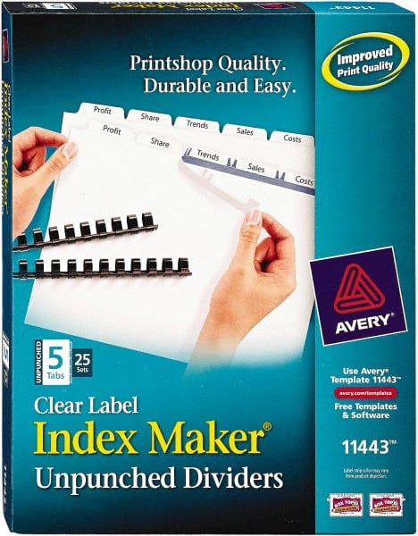 AVERY - 11 x 8-1/2" 5 Tabs, Unpunched Clear Plastic Reinforced, Tab Divider - Clear Tabs, White Folder - Exact Tooling
