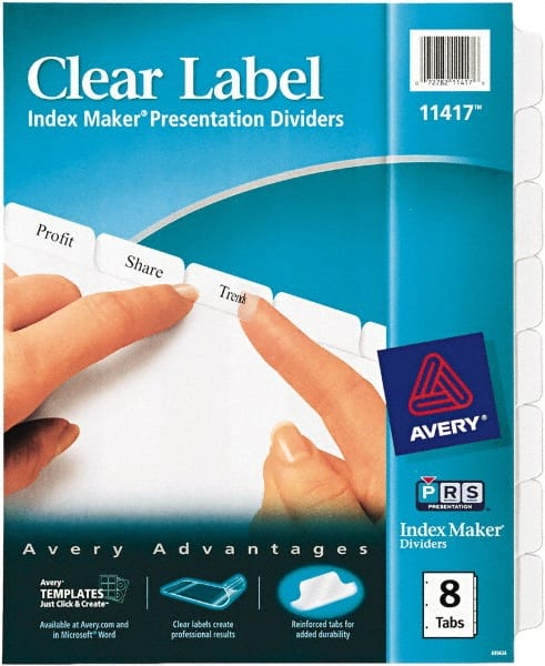 AVERY - 11 x 8-1/2" 8 Tabs, Three Hole Clear Plastic Reinforced Binder Holes, Tab Divider - Clear Tabs, White Folder - Exact Tooling