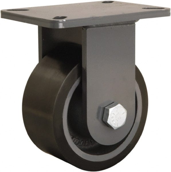 Hamilton - 6" Diam x 3" Wide x 8" OAH Top Plate Mount Rigid Caster - Polyurethane Mold onto Cast Iron Center, 2,860 Lb Capacity, Tapered Roller Bearing, 5-1/4 x 7-1/4" Plate - Exact Tooling