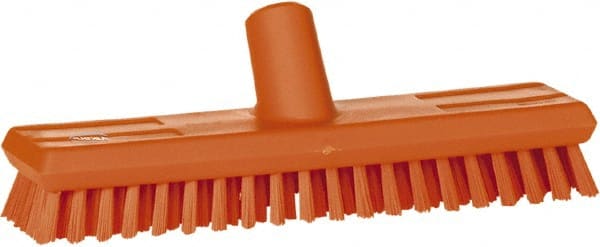 Vikan - 1" Bristle Length, Polyester Scrub Brush - 10-5/8" Long x 2-1/2" Wide Head, 11" OAL, European Threaded Handle, Orange, Polypropylene Block - Exact Tooling