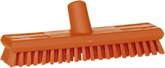 Vikan - 1" Bristle Length, Polyester Scrub Brush - 10-5/8" Long x 2-1/2" Wide Head, 11" OAL, European Threaded Handle, Orange, Polypropylene Block - Exact Tooling