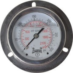Winters - 2-1/2" Dial, 1/4 Thread, 0-300 Scale Range, Pressure Gauge - Front Flange Panel Mount, Center Back Connection Mount, Accurate to 1.6% of Scale - Exact Tooling