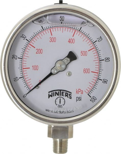 Winters - 4" Dial, 1/4 Thread, 0-100 Scale Range, Pressure Gauge - Lower Connection Mount, Accurate to 1% of Scale - Exact Tooling