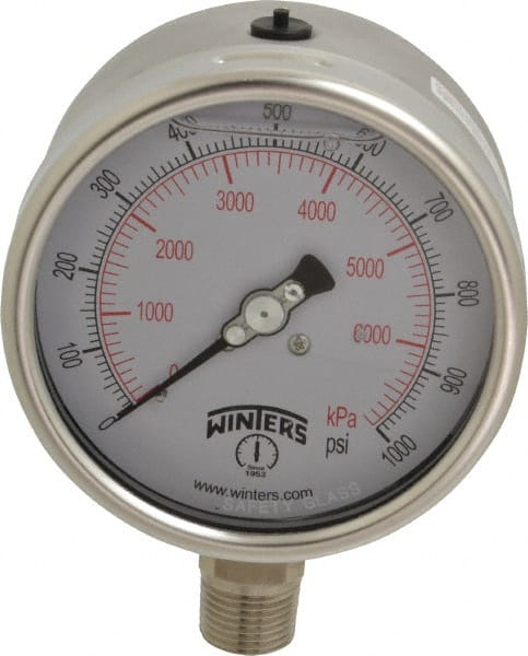 Winters - 4" Dial, 1/2 Thread, 0-1,000 Scale Range, Pressure Gauge - Lower Connection Mount, Accurate to 1% of Scale - Exact Tooling