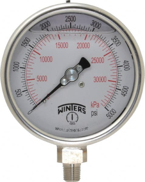 Winters - 4" Dial, 1/4 Thread, 0-5,000 Scale Range, Pressure Gauge - Lower Connection Mount, Accurate to 1% of Scale - Exact Tooling