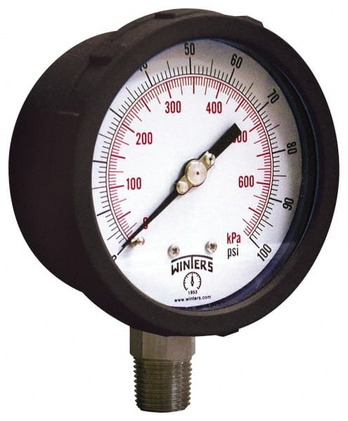 Winters - 4" Dial, 1/4 Thread, 30-0-100 Scale Range, Pressure Gauge - Lower Connection Mount, Accurate to 1% of Scale - Exact Tooling