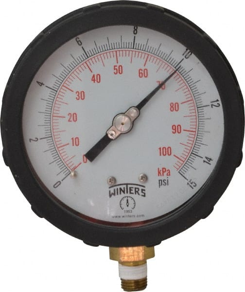Winters - 4" Dial, 1/4 Thread, 0-15 Scale Range, Pressure Gauge - Lower Connection Mount, Accurate to 1% of Scale - Exact Tooling