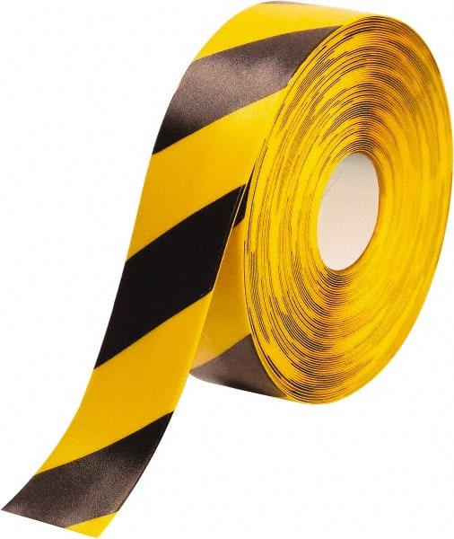 PRO-SAFE - Black & Yellow Striped PVC Tape - 3" Wide x 100' Long x 50 mil Thick, General Traffic - Exact Tooling