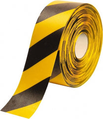 PRO-SAFE - Black & Yellow Striped PVC Tape - 4" Wide x 100' Long x 50 mil Thick, General Traffic - Exact Tooling