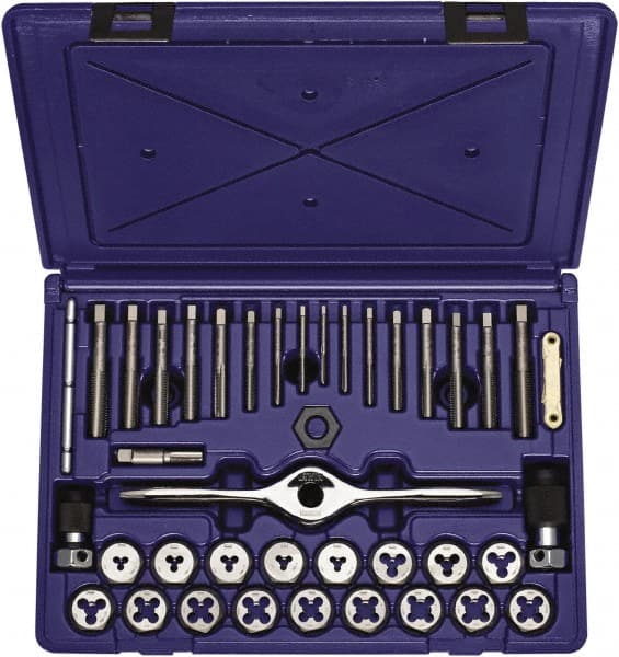 Irwin - M3x0.70 to M12x1.75 Tap, M3x0.70 to M12x1.75 Die, Metric, Tap and Die Set - High Speed Steel, High Speed Steel Taps, Plug Taps, Nonadjustable, 40 Piece Set - Exact Tooling