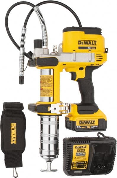 DeWALT - 10,000 Max psi, Flexible Battery-Operated Grease Gun - 16 oz Capacity, Bulk & Cartridge Fill, Includes DCB204 Battery, Fast Charger, Shoulder Strap & Kit Box - Exact Tooling