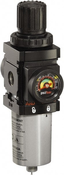 ARO/Ingersoll-Rand - 1/4" NPT Port Miniature 1 Piece Filter/Regulator FRL Unit - Metal Bowl, 47 SCFM, 250 Max psi, 6.2" High x 1.575" Long, Manual Drain - Exact Tooling