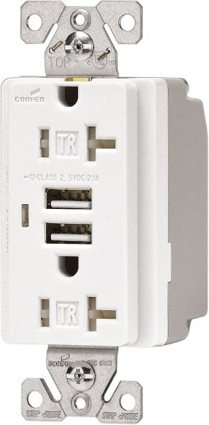 Cooper Wiring Devices - 2 USB Port, 2 Receptacle, 125 VAC, 5 VDC USB Receptacle - 5-15R NEMA Configuration, 20 Amp, White, 2.1 Amp Charging Power, Automatic Grounding, Screw Mount - Exact Tooling