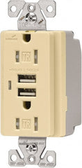 Cooper Wiring Devices - 2 USB Port, 2 Receptacle, 125 VAC, 5 VDC USB Receptacle - 5-15R NEMA Configuration, 15 Amp, Ivory, 2.1 Amp Charging Power, Automatic Grounding, Screw Mount - Exact Tooling