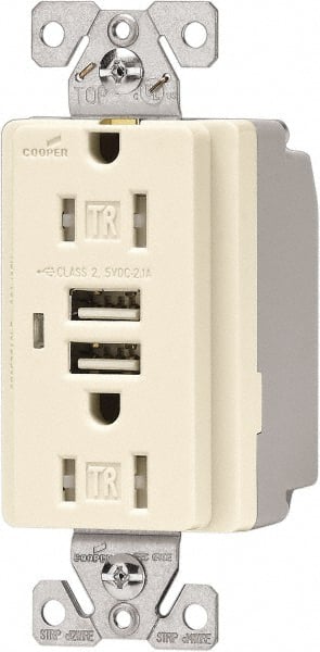 Cooper Wiring Devices - 2 USB Port, 2 Receptacle, 125 VAC, 5 VDC USB Receptacle - 5-15R NEMA Configuration, 15 Amp, Light Almond, 2.1 Amp Charging Power, Automatic Grounding, Screw Mount - Exact Tooling