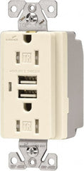 Cooper Wiring Devices - 2 USB Port, 2 Receptacle, 125 VAC, 5 VDC USB Receptacle - 5-15R NEMA Configuration, 15 Amp, Light Almond, 2.1 Amp Charging Power, Automatic Grounding, Screw Mount - Exact Tooling