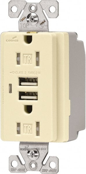 Cooper Wiring Devices - 2 USB Port, 2 Receptacle, 125 VAC, 5 VDC USB Receptacle - 5-15R NEMA Configuration, 15 Amp, Almond, 2.1 Amp Charging Power, Automatic Grounding, Screw Mount - Exact Tooling