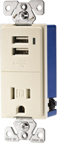 Cooper Wiring Devices - 2 USB Port, 1 Receptacle, 125 VAC, 5 VDC USB Receptacle - 5-15R NEMA Configuration, 15 Amp, Light Almond, Screw Mount - Exact Tooling
